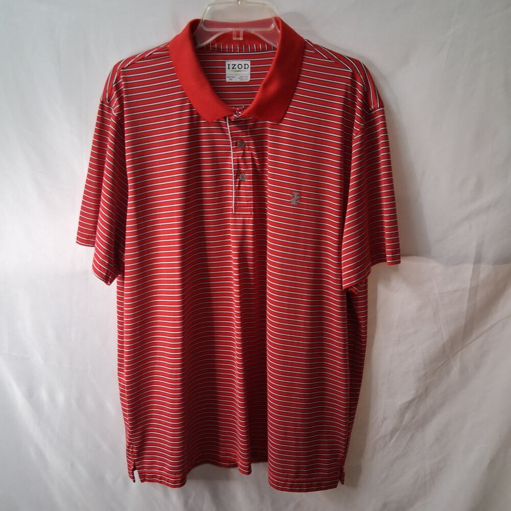 Izod Men's Golf Polo Shirt Red and White Striped Short Sleeves-XXL